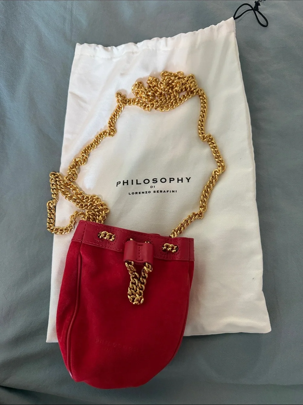 Philosophy di Lorenzo Serafini Red Suede Mini Bucket Bag w Gold Chain / Wristlet